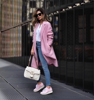 Pink Coat · White Long Sleeve Blouse · Blue Skinny Jeans · Pink Leather Low Top Sneakers · White Quilted Leather Satchel Bag · Black Sunglasses