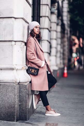 Pink Coat · White Dress Shirt · Black Tapered Pants · Pink Leather Low Top Sneakers · Black Embellished Leather Crossbody Bag · Pink Knit Beanie