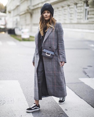 Grey Plaid Coat · Black Hoodie · Black Leather Skinny Pants · Black and White Canvas Low Top Sneakers · Black Leather Crossbody Bag · Black Beanie