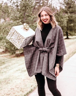 Grey Check Cape Coat · Black Turtleneck · Black Skinny Jeans · Gold Watch · Brown Straw Earrings