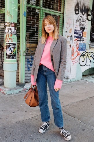Brown Wool Blazer · Hot Pink Oversized Sweater · Blue Jeans · Black and White Canvas High Top Sneakers · Tobacco Leather Tote Bag · Gold Pendant