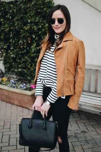 Tan Suede Biker Jacket · White and Black Horizontal Striped Turtleneck · Black Ripped Skinny Jeans · Black Leather Tote Bag · Black and Gold Sunglasses · Dark Brown Leather Watch