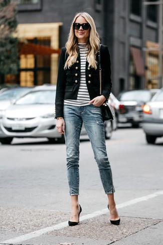 Black Embellished Blazer · White and Black Horizontal Striped Turtleneck · Blue Skinny Jeans · Black Suede Pumps · Black Leather Crossbody Bag · Black Sunglasses