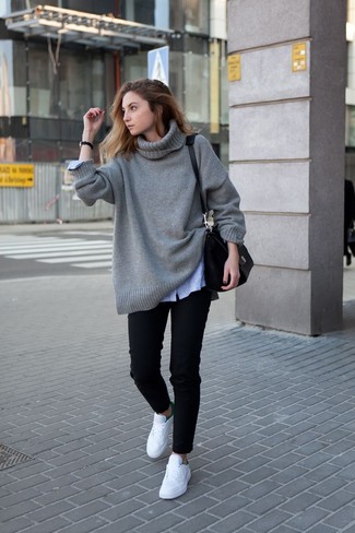 Grey Knit Oversized Sweater · Light Blue Vertical Striped Dress Shirt · Black Jeans · White Low Top Sneakers · Black Leather Satchel Bag · Black Leather Watch