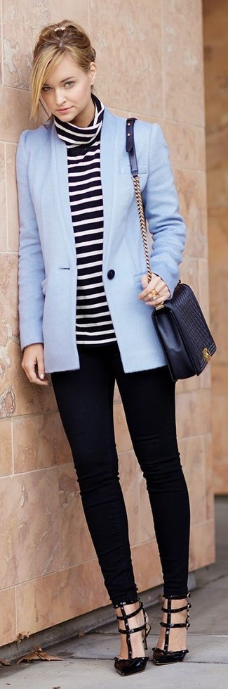 Light Blue Blazer · Black and White Horizontal Striped Turtleneck · Black Skinny Jeans · Black Leather Pumps · Black Quilted Leather Crossbody Bag