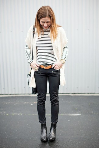 White Knit Open Cardigan · White and Black Horizontal Striped Turtleneck · Black Leather Skinny Jeans · Black Leather Ankle Boots · Tan Leather Watch · Black Leather Watch