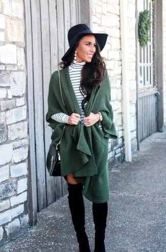 Dark Green Poncho · White and Black Horizontal Striped Turtleneck · Black Suede Over The Knee Boots · Black Leather Crossbody Bag · Black Wool Hat · Gold Watch