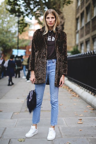 Dark Brown Leopard Fur Coat · Dark Brown Print Crew-neck T-shirt · Blue Jeans · White Leather Low Top Sneakers · Black Fur Clutch