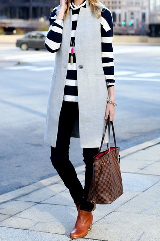 Grey Sleeveless Coat · White and Black Horizontal Striped Turtleneck · Black Skinny Jeans · Tobacco Leather Chelsea Boots · Brown Check Leather Tote Bag · Hot Pink Pendant