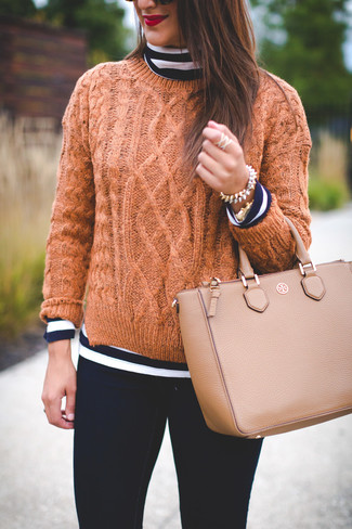 Tan Cable Sweater · Navy and White Horizontal Striped Turtleneck · Black Skinny Jeans · Tan Leather Tote Bag · Gold Bracelet · Gold Watch