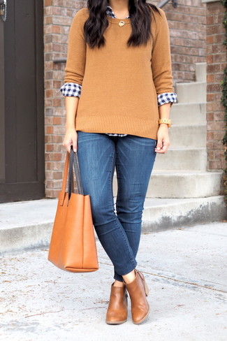 Tan Crew-neck Sweater · Navy and White Gingham Dress Shirt · Blue Skinny Jeans · Brown Leather Chelsea Boots · Tobacco Leather Tote Bag · Gold Watch