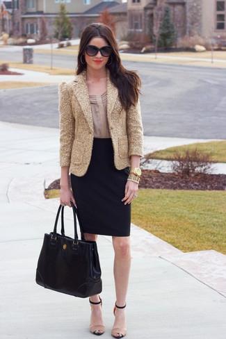 Gold Sequin Blazer · Beige Long Sleeve Blouse · Black Pencil Skirt · Beige Leather Heeled Sandals · Black Leather Tote Bag · Black Sunglasses