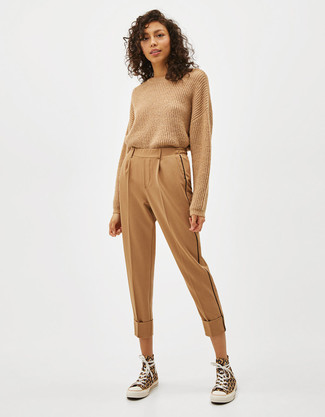 Tan Crew-neck Sweater · Tan Tapered Pants · Yellow Canvas High Top Sneakers