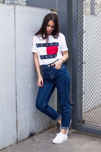 White Print Crew-neck T-shirt · Blue Boyfriend Jeans · White Low Top Sneakers · Gold Watch