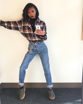 Black Turtleneck · Brown Plaid Dress Shirt · Light Blue Jeans · Olive Suede Low Top Sneakers
