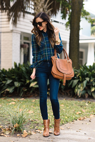 Navy Plaid Dress Shirt · Navy Skinny Jeans · Tan Leather Ankle Boots · Tan Leather Satchel Bag · Dark Brown Leopard Sunglasses · Gold Watch