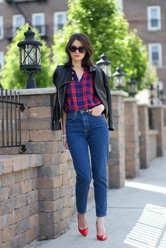 Black Leather Bomber Jacket · Red and Navy Plaid Dress Shirt · Blue Jeans · Red Leather Pumps · Black Sunglasses · Gold Watch