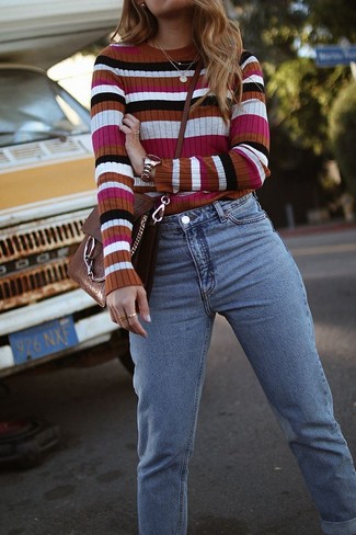 Multi colored Horizontal Striped Crew-neck Sweater · Light Blue Jeans · Brown Leather Crossbody Bag · Gold Pendant · Gold Watch