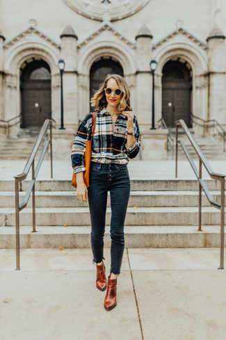 Multi colored Plaid Dress Shirt · Navy Skinny Jeans · Tobacco Leather Ankle Boots · Orange Leather Tote Bag · Tan Sunglasses · Dark Brown Leather Watch