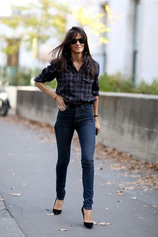 Burgundy Plaid Dress Shirt · Navy Skinny Jeans · Black Suede Pumps · Black Sunglasses · Black Leather Watch