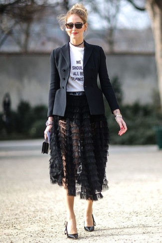 Black Blazer · White and Black Print Crew-neck T-shirt · Black Fringe Midi Skirt · Black Leather Pumps · Black Sunglasses · Gold Watch