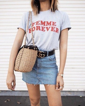Grey Print Crew-neck T-shirt · Light Blue Denim Mini Skirt · Tan Straw Tote Bag · Black Leather Belt · Gold Watch