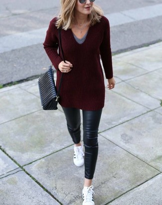 Burgundy V-neck Sweater · Grey V-neck T-shirt · Black Leather Skinny Jeans · White Leather Low Top Sneakers · Black Quilted Leather Crossbody Bag