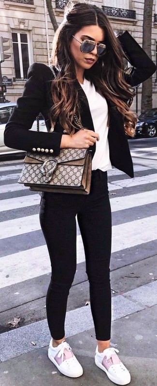 Black Blazer · White V-neck T-shirt · Black Skinny Jeans · White Leather Low Top Sneakers · Brown Print Leather Crossbody Bag · Black Sunglasses