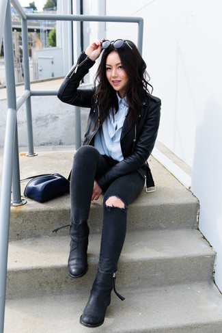 Black Leather Biker Jacket · Light Blue Dress Shirt · Black Ripped Skinny Jeans · Black Leather Chelsea Boots · Black Leather Fanny Pack · Black Sunglasses