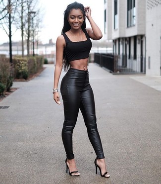 Black Cropped Top · Black Leather Leggings · Black Leather Heeled Sandals · Silver Watch