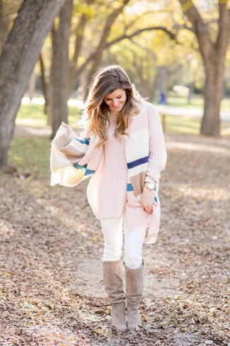 Multi colored Horizontal Striped Shawl · Pink Knit Turtleneck · White Skinny Jeans · Beige Suede Knee High Boots · Gold Watch