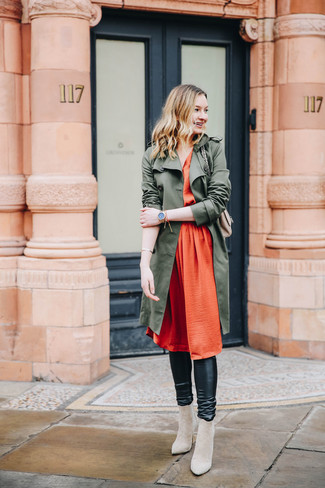 Olive Trenchcoat · Orange Pleated Silk Midi Dress · Black Leather Leggings · Beige Suede Ankle Boots · Beige Leather Crossbody Bag · Brown Leather Watch