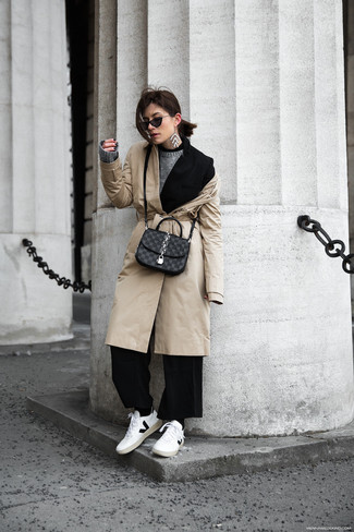 Beige Trenchcoat · Black Blazer · Grey Crew-neck Sweater · Black Wide Leg Pants · White Leather Low Top Sneakers · Charcoal Check Leather Crossbody Bag