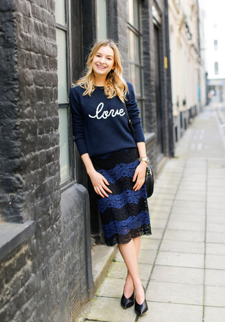 Navy Print Crew-neck Sweater · Navy Lace Pencil Skirt · Black Leather Pumps · Gold Watch