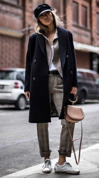 Black Coat · Grey Blazer · White V-neck T-shirt · Grey Plaid Dress Pants · Silver Leather Low Top Sneakers · Beige Leather Crossbody Bag