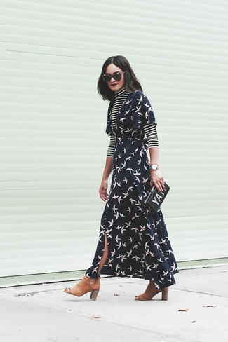 Black and White Horizontal Striped Turtleneck · Black Print Wrap Dress · Tan Suede Chelsea Boots · Black Print Clutch · Dark Brown Leopard Sunglasses · Silver Watch