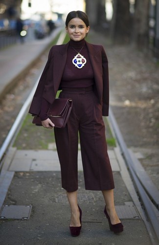 Burgundy Double Breasted Blazer · Burgundy Turtleneck · Burgundy Culottes · Burgundy Suede Pumps · Burgundy Leather Clutch · Silver Pendant