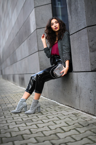 Charcoal Tweed Jacket · Burgundy Chiffon Tank · Black Leather Tapered Pants · Grey Elastic Ankle Boots · Silver Leather Crossbody Bag · Beige Leather Watch