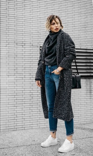 Charcoal Coat · Charcoal Wool Turtleneck · Blue Jeans · White Leather Low Top Sneakers · Black Leather Crossbody Bag · Gold Watch