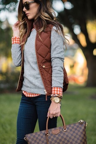 Brown Quilted Gilet · Grey Crew-neck Sweater · Red and White Gingham Dress Shirt · Navy Skinny Jeans · Dark Brown Check Leather Tote Bag · Gold Watch