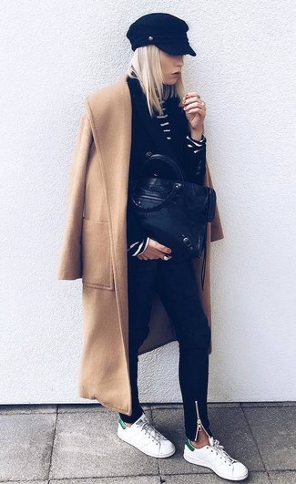 Camel Coat · Black Double Breasted Blazer · Black and White Horizontal Striped Turtleneck · Black Skinny Jeans · White Leather Low Top Sneakers · Black Leather Tote Bag