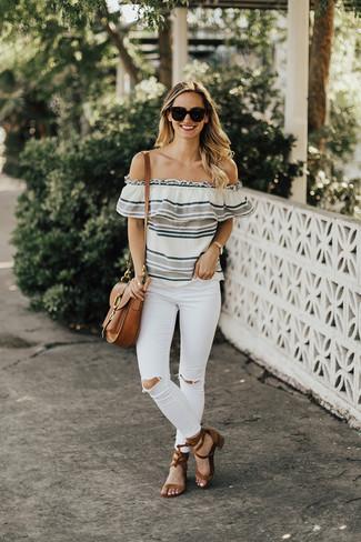 Grey Horizontal Striped Off Shoulder Top · White Ripped Skinny Jeans · Brown Suede Heeled Sandals · Brown Leather Satchel Bag · Black Sunglasses · Gold Watch