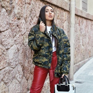Olive Camouflage Puffer Jacket · White and Black Print Crew-neck T-shirt · Red Leather Tapered Pants · White and Black Leather Tote Bag