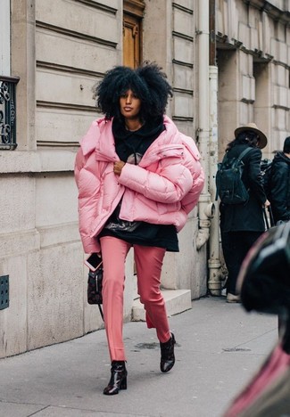 Pink Puffer Jacket · Black Print Hoodie · Pink Dress Pants · Black Print Leather Ankle Boots · Black Print Leather Crossbody Bag