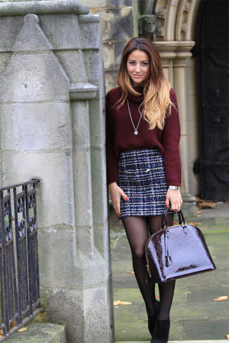Burgundy Cowl-neck Sweater · Navy Tweed Mini Skirt · Black Suede Ankle Boots · Burgundy Leather Satchel Bag · Silver Watch · Black Tights