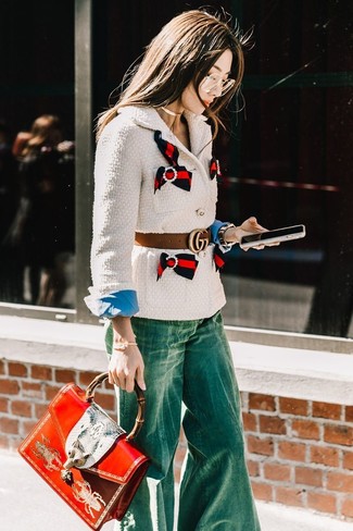 White Tweed Jacket · Blue Dress Shirt · Green Flare Jeans · Red Print Leather Satchel Bag · Brown Leather Belt · Gold Watch