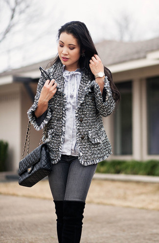 Grey Tweed Jacket · Light Blue Button Down Blouse · Grey Skinny Jeans · Black Suede Over The Knee Boots · Black Quilted Leather Crossbody Bag · Silver Watch