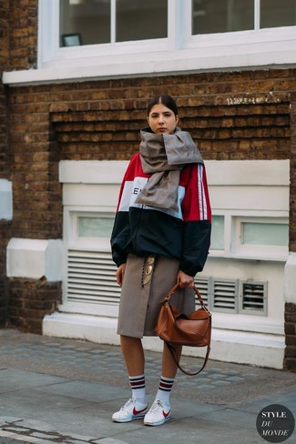 White and Red and Navy Windbreaker · Brown Check Midi Skirt · White Leather Low Top Sneakers · Tobacco Leather Tote Bag · White Horizontal Striped Socks