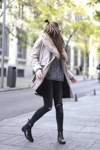 Pink Fur Collar Coat · Grey Oversized Sweater · Black Ripped Skinny Jeans · Black Leather Chelsea Boots · Beige Leather Crossbody Bag