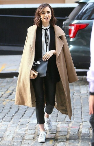 Camel Coat · Black Sleeveless Blazer · White and Black Long Sleeve Blouse · Black Leather Skinny Pants · White Low Top Sneakers · Black and White Print Leather Clutch